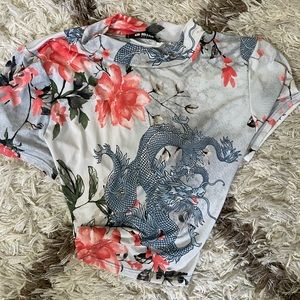 Dragon Backless Tie Cropped Short Sleeve Top